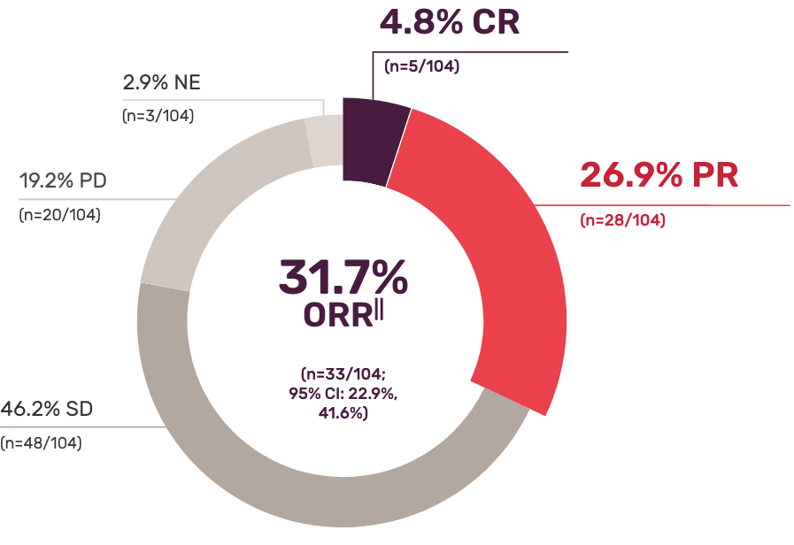 31.7% confirmed ORR (95% CI: 22.9-41.6); 4.8% CR; 26.9% PR; 46.2% SD; 19.2% PD; 2.9% NE.